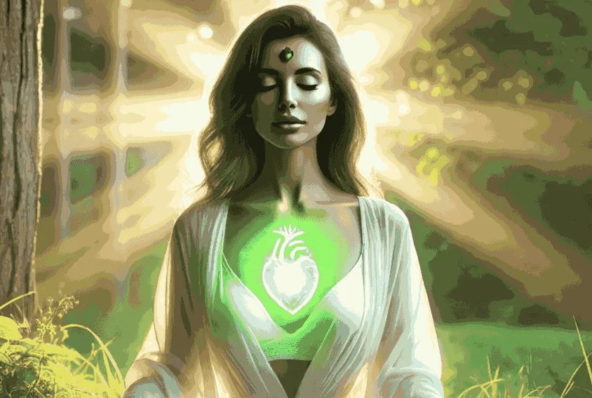 Serene woman experiencing heart chakra activation with luminous green energy radiating from chest during deep meditation